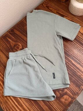 Comfy Ribbed Short Sleeve Top and Drawstring Shorts Set in Sage